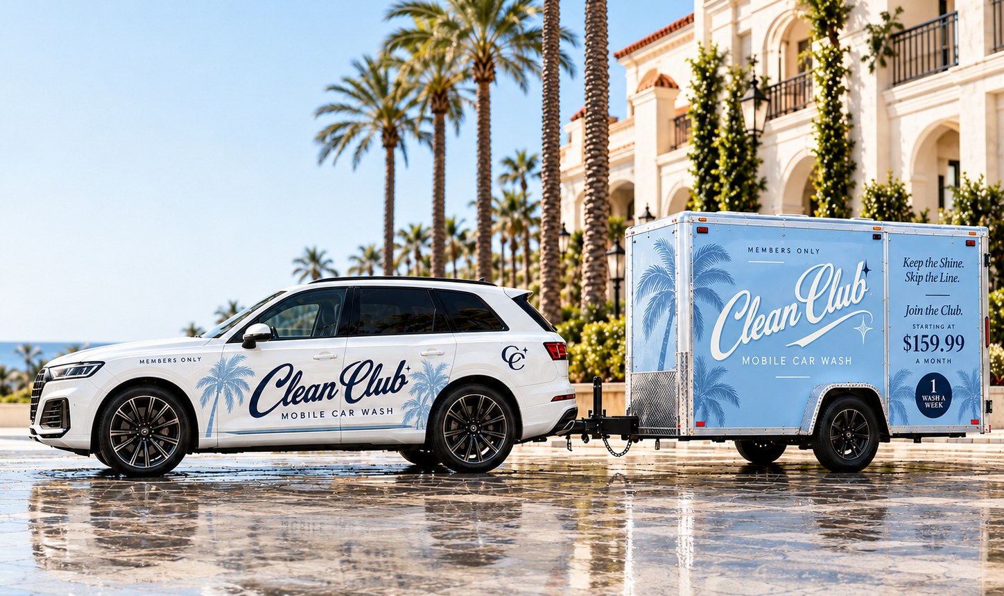 White Clean Club SUV towing the powder blue Clean Club mobile car wash trailer under palm trees