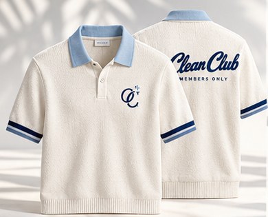 Cream knit polo with powder blue collar and CC monogram