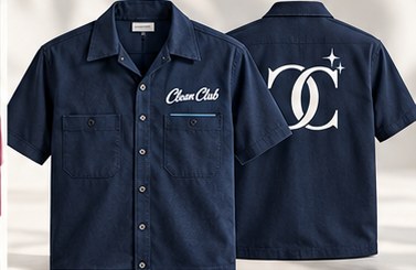 Navy mechanic shirt with Clean Club script and CC monogram