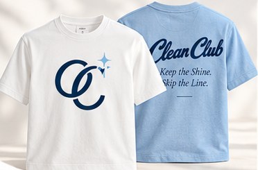 White and powder blue Clean Club tees